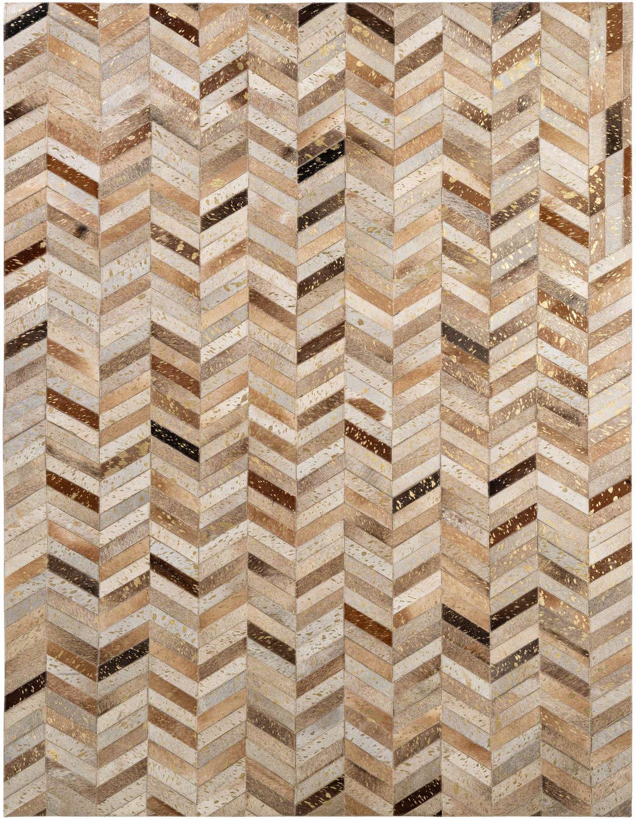 A 5x8 rectangular cowhide rug with a modern chevron pattern in shades of brown, beige, and white, featuring metallic gold accents.