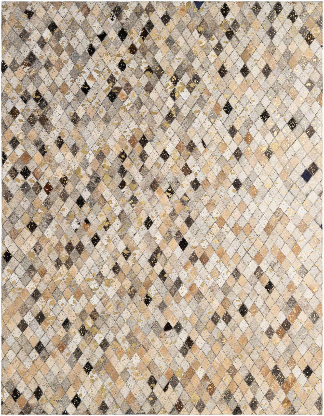 A 5x8 rectangular Cowhide Patchwork rug with multi-colored diamond-shaped patches and metallic gold accents.