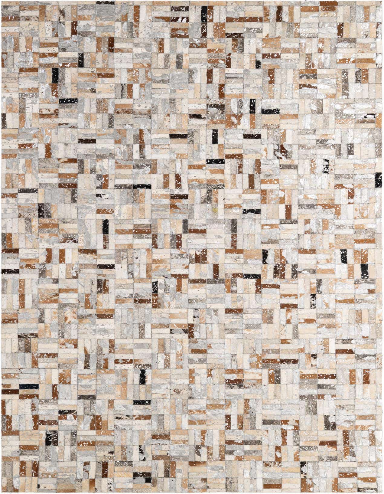 A 5x8 rectangular patchwork cowhide rug featuring a modern stripe pattern in multi-colored natural tones of brown, black, and white.