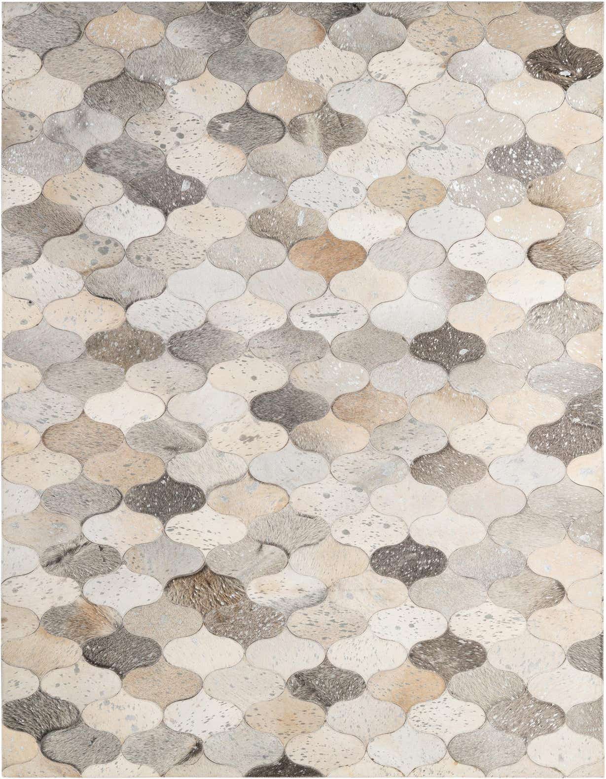 A rectangular 5x8 cowhide rug featuring a modern patchwork pattern of multi-colored, natural-toned arabesque shapes, ideal for a living room.