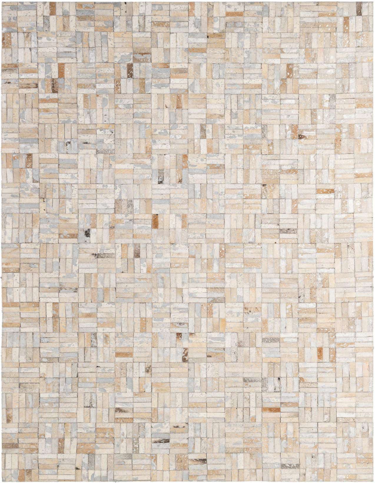 A 5x8 rectangular Cowhide Patchwork rug featuring a modern stripe pattern in multi-colored natural cowhide and leather.