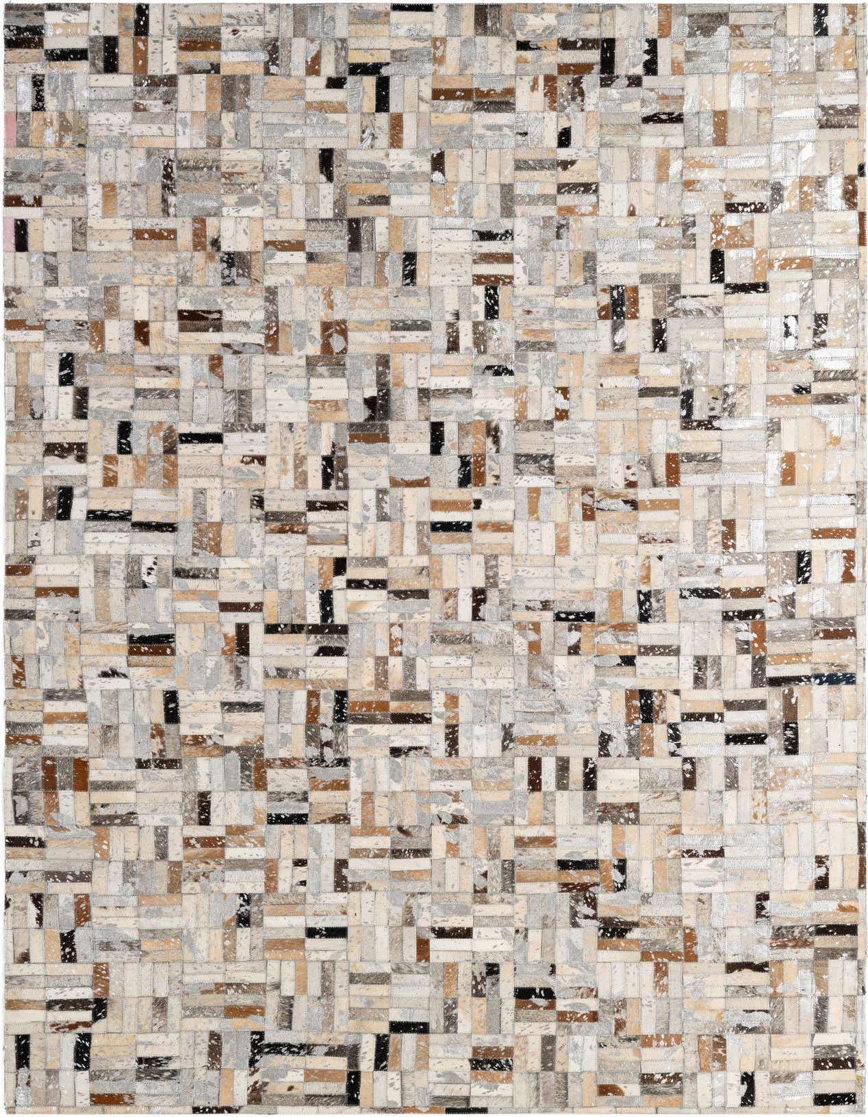 A rectangular 5x8 Cowhide Patchwork rug in multi-colored tones, featuring a modern stripe pattern made from various leather patches.