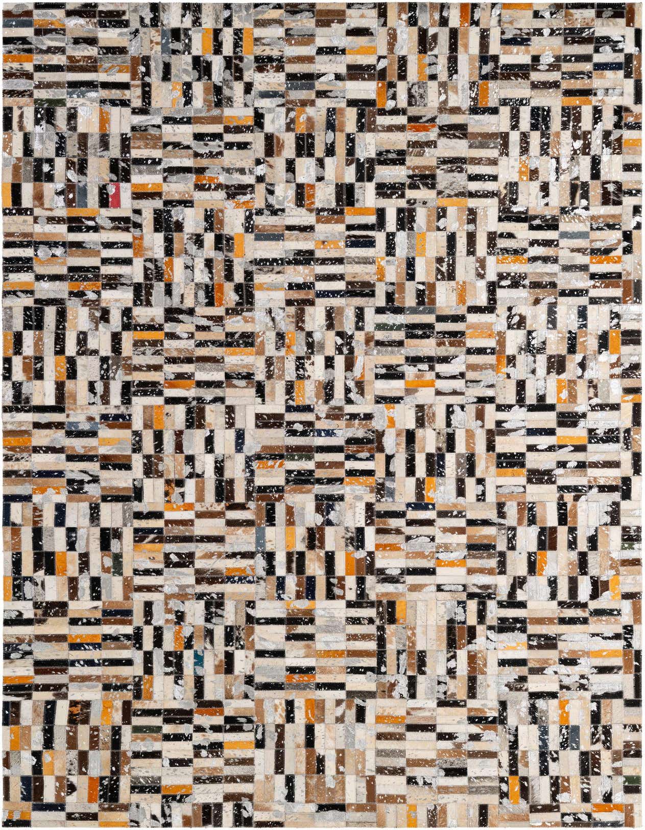 A 5x8 rectangular multi-colored patchwork cowhide rug, featuring modern stripes in various natural tones and vibrant accents.
