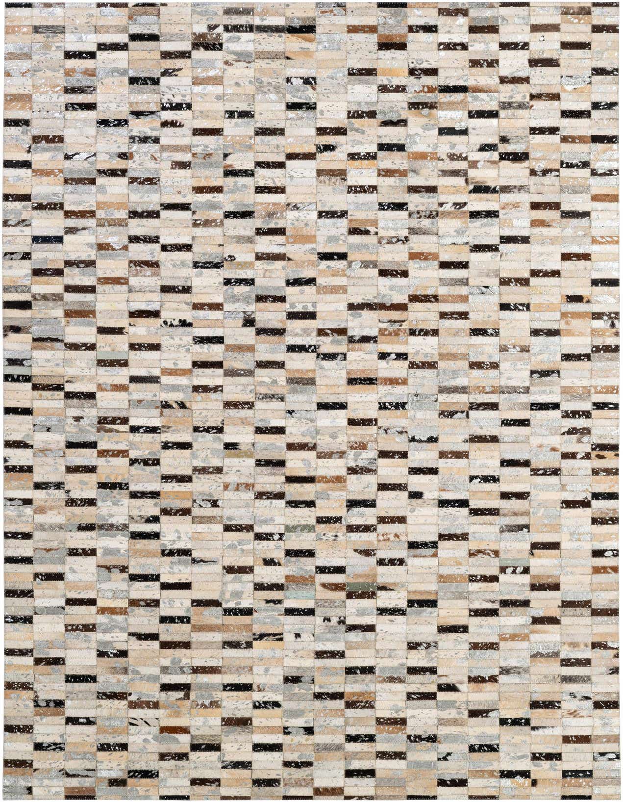 A rectangular 5x8 patchwork cowhide rug featuring a modern stripe pattern in multi-colored natural tones.
