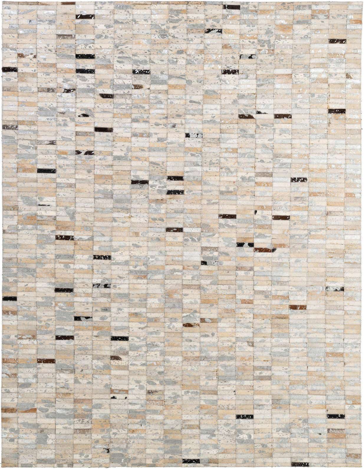 A 5x8 rectangular Cowhide Patchwork rug featuring a modern stripe pattern in multi-colored natural cowhide and leather.