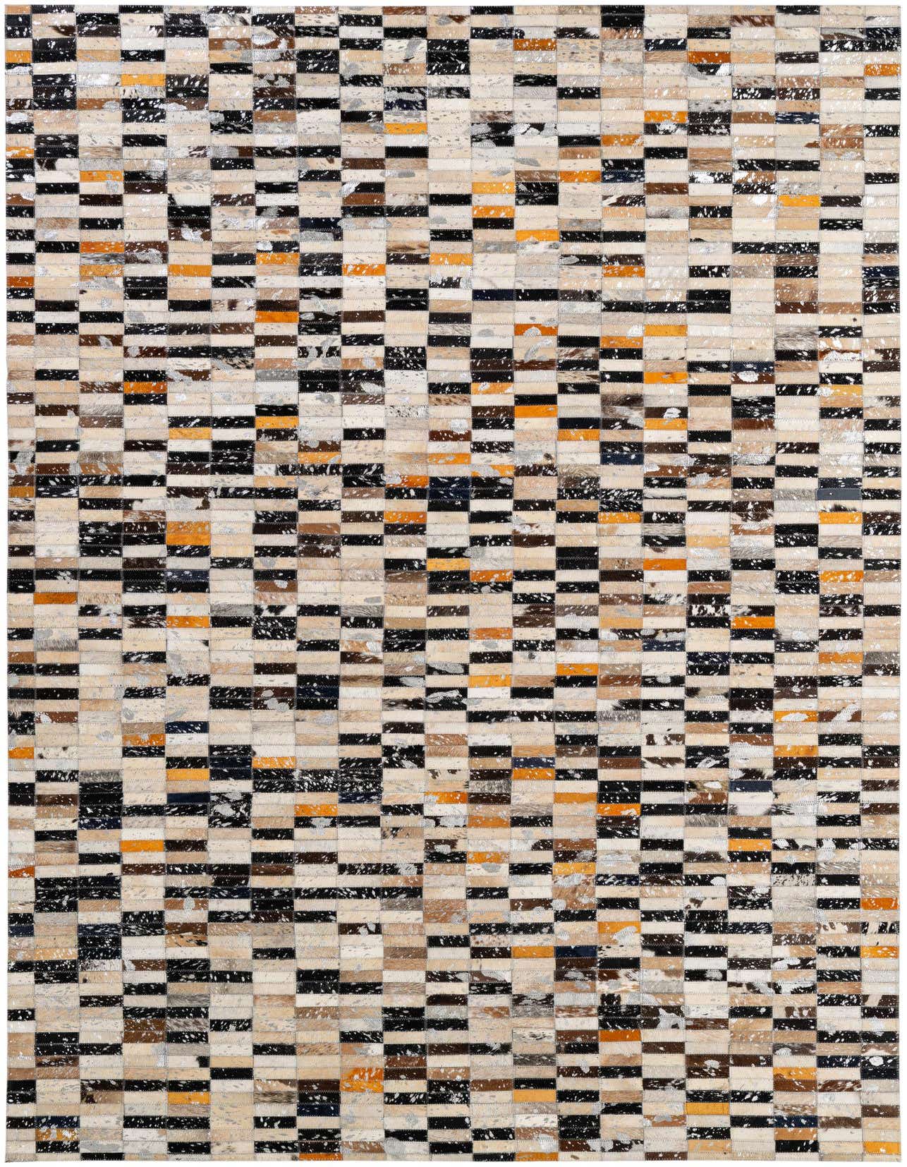 A rectangular 5x8 multi-colored patchwork cowhide rug, featuring a modern pattern of black, white, brown, and orange squares and rectangles.