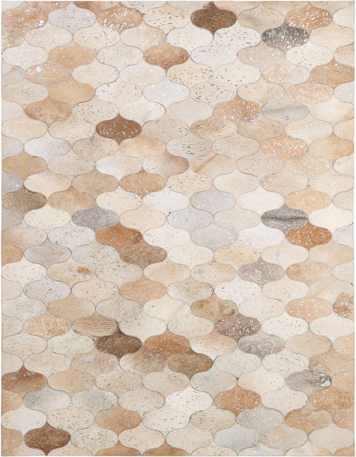 A 5x8 rectangular Cowhide Patchwork rug with a modern pattern in multi-colored natural tones of cream, tan, brown, and grey.