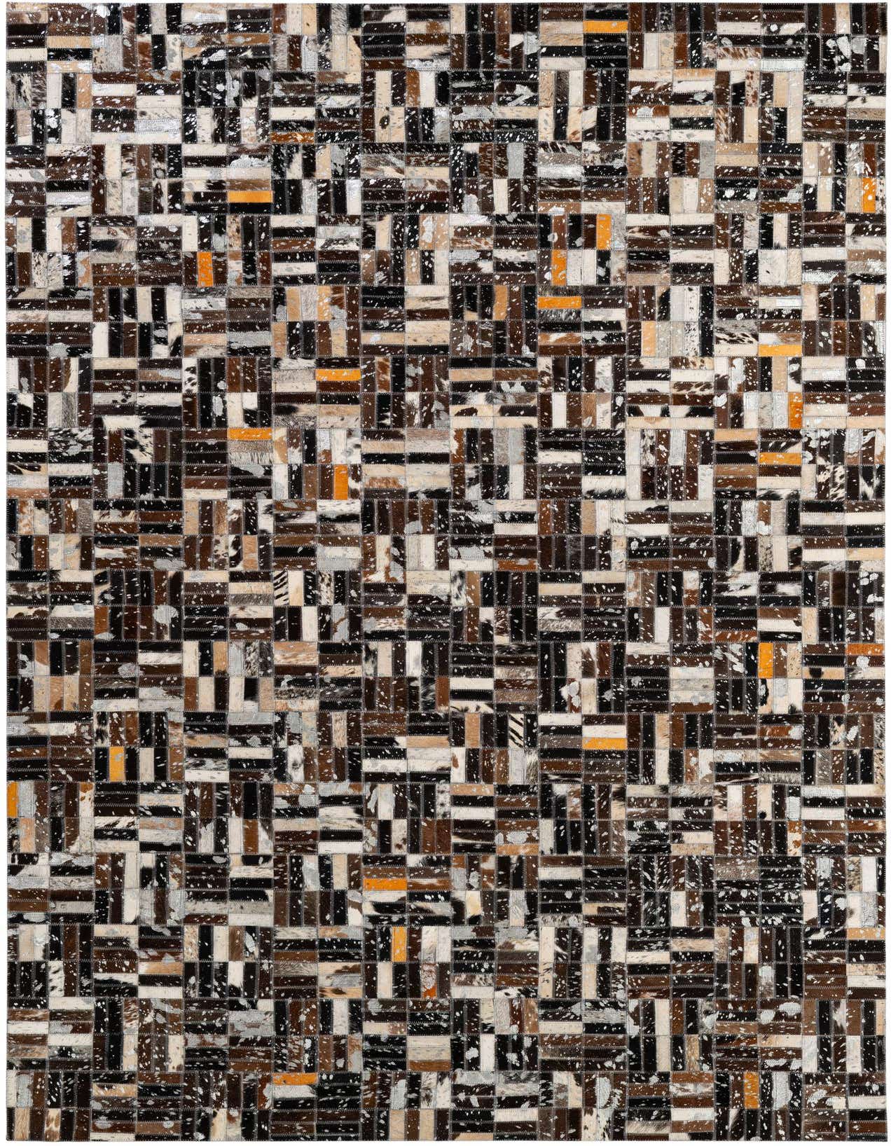 A 5x8 rectangular patchwork cowhide rug featuring a modern pattern of multi-colored brown, black, white, and orange leather patches.
