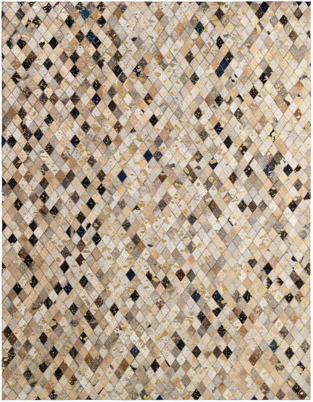 A rectangular 5x8 modern patchwork cowhide rug with multi-colored diamond-shaped patches, some with gold metallic accents, perfect for a living room.