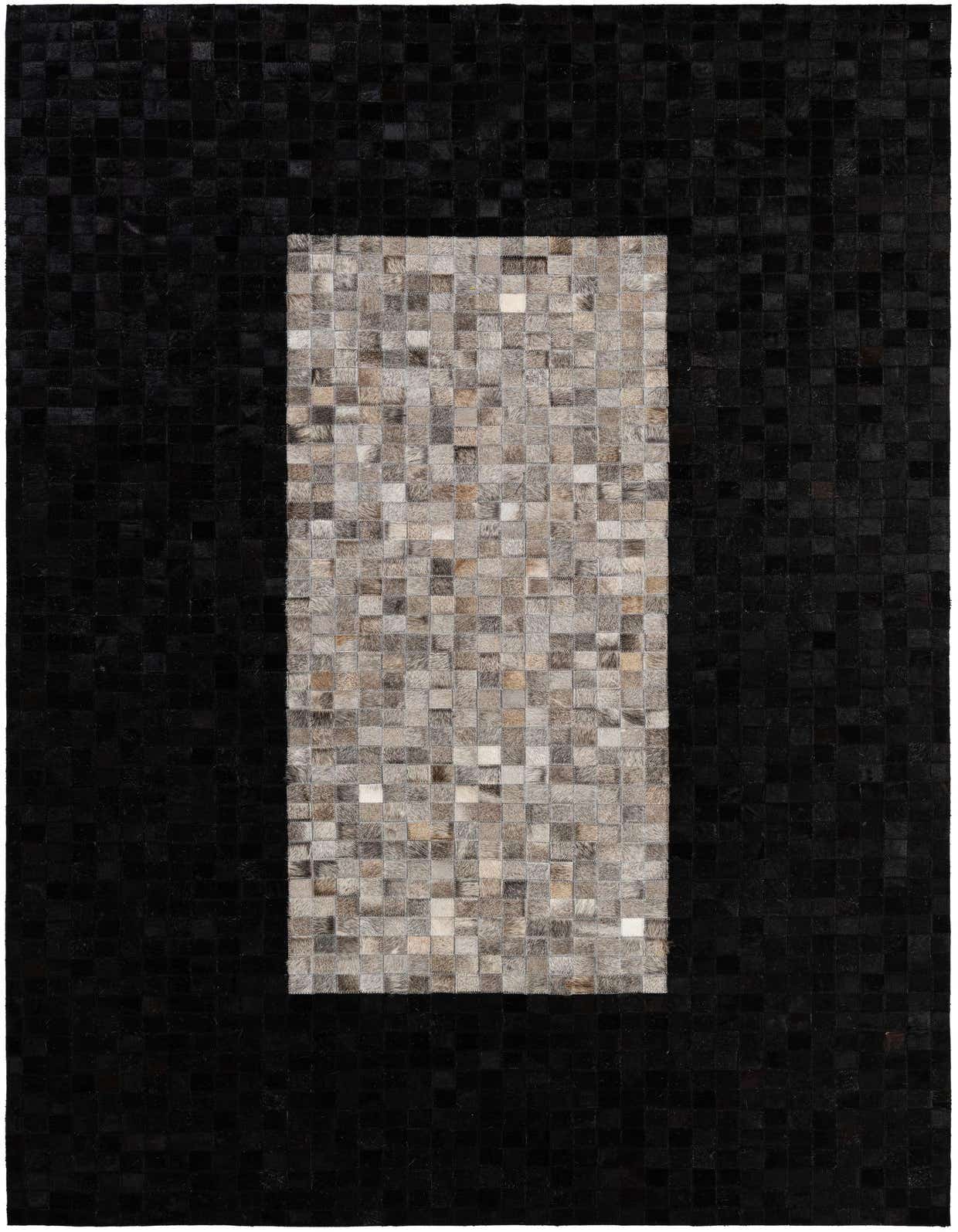 A 5x8 rectangular Cowhide Patchwork rug featuring a multi-colored, light-toned rectangular center on a dark, solid black background.