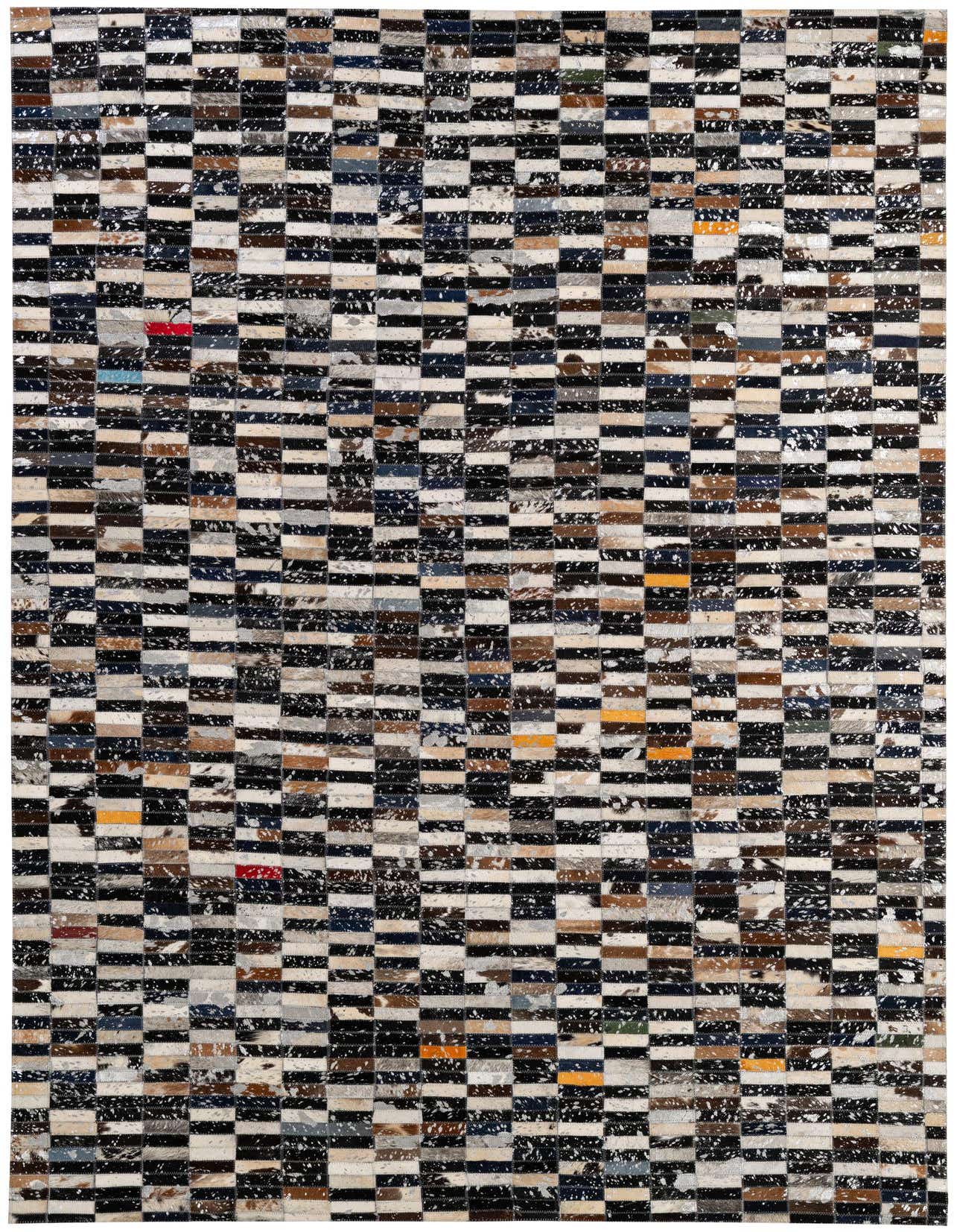 A rectangular 5x8 multi-colored patchwork cowhide rug with a modern stripe pattern, featuring black, white, brown, and subtle accent colors.