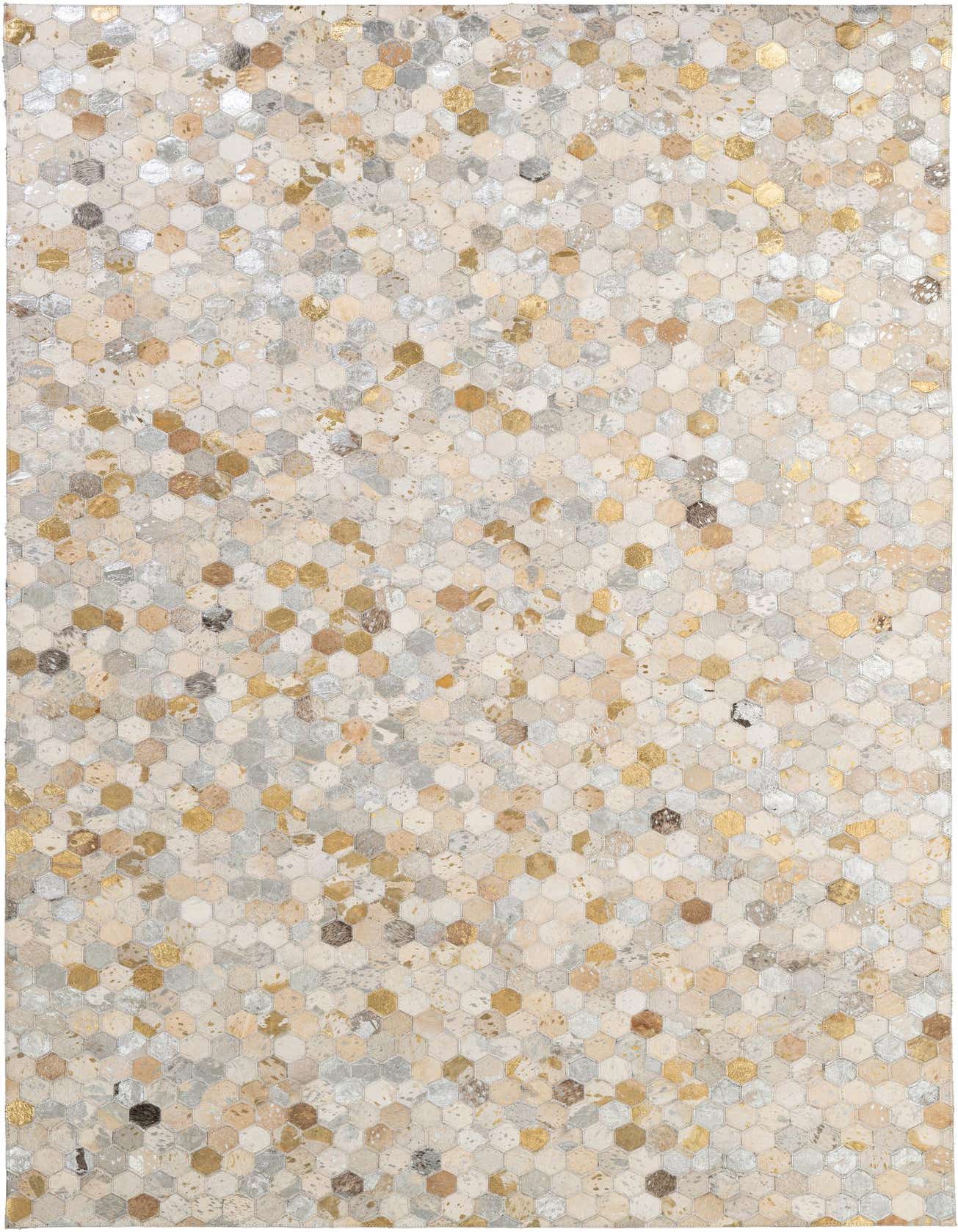 A rectangular 5x8 modern patchwork cowhide rug featuring a mosaic of multi-colored hexagonal leather and cowhide pieces in shades of gold, silver, beige, and brown.