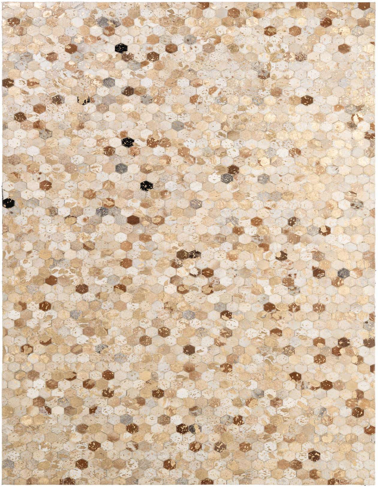 A 5x8 rectangular rug featuring a modern patchwork of multi-colored hexagonal cowhide and leather pieces.