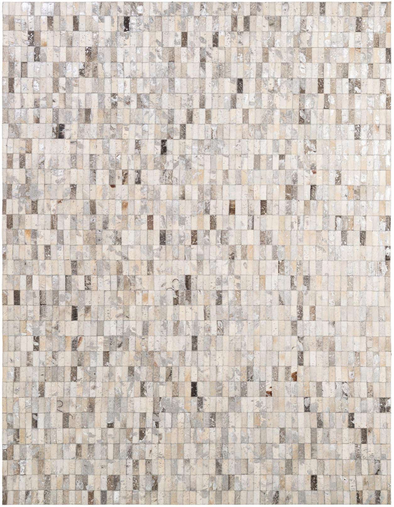 A 5x8 rectangular Cowhide - Patchwork rug featuring a modern stripe pattern in multi-colored natural cowhide and leather.