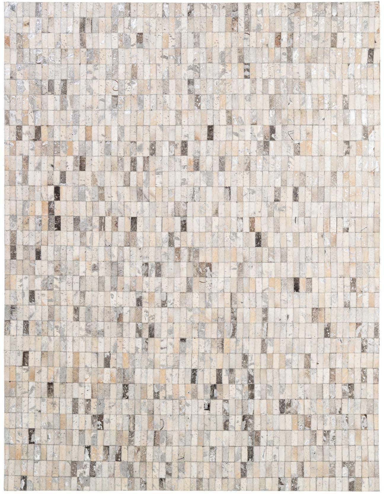 A 5x8 rectangular Cowhide Patchwork rug featuring a modern stripe pattern in multi-colored natural tones.