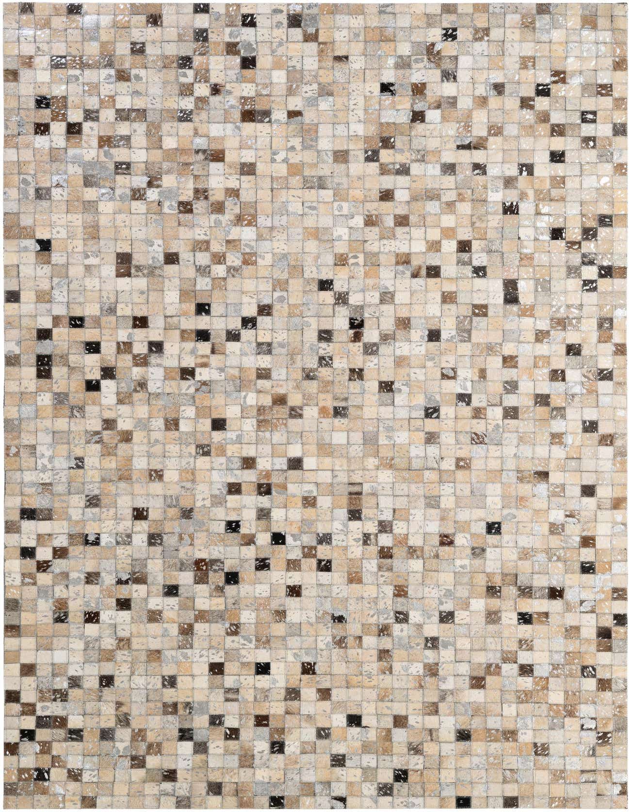 A 5x8 rectangular Cowhide Patchwork rug featuring a modern pattern of multi-colored squares in various natural brown, beige, and black tones.