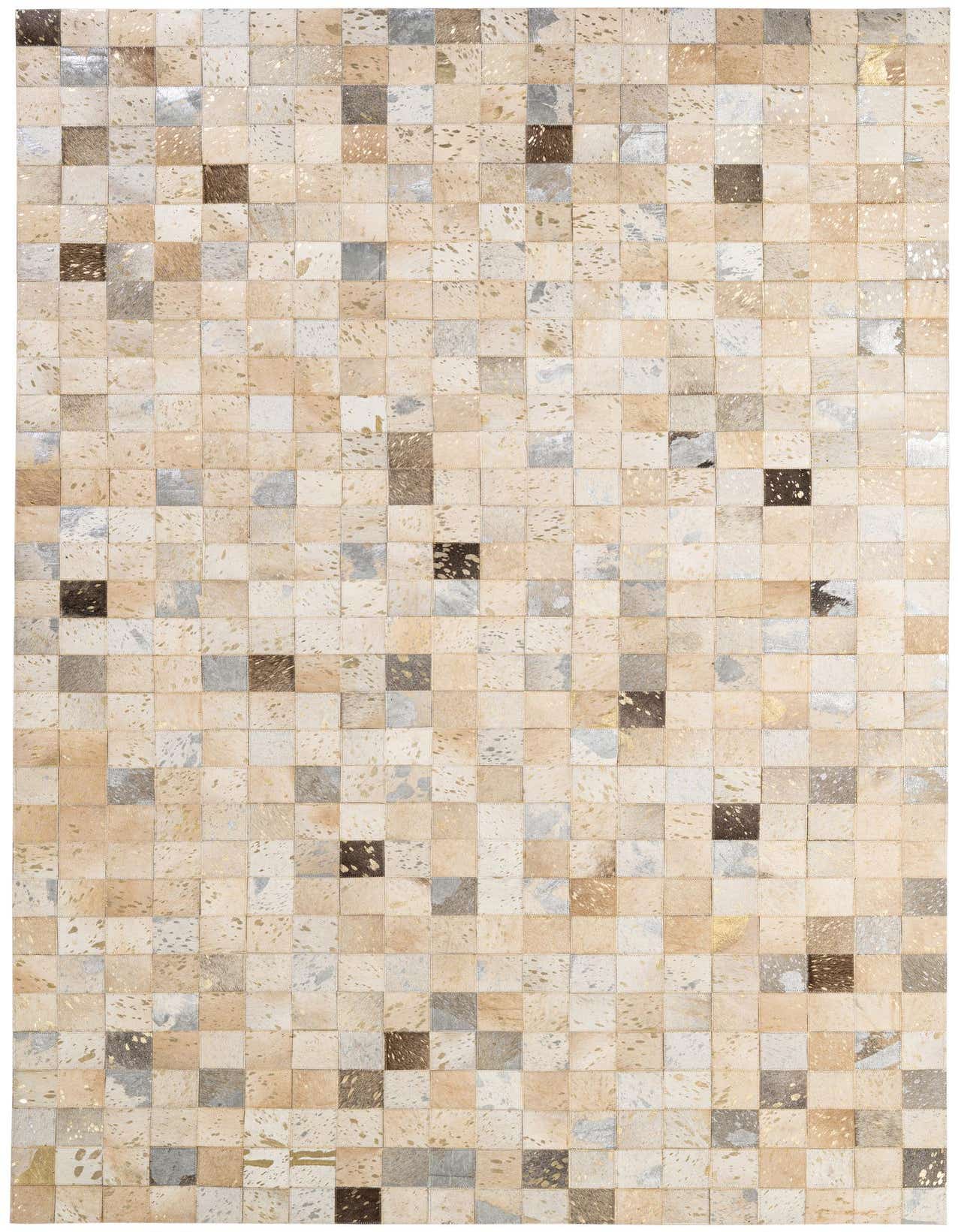 A 5x8 rectangular Cowhide Patchwork rug featuring a modern pattern of multi-colored squares in natural brown, beige, cream, and metallic gold tones.