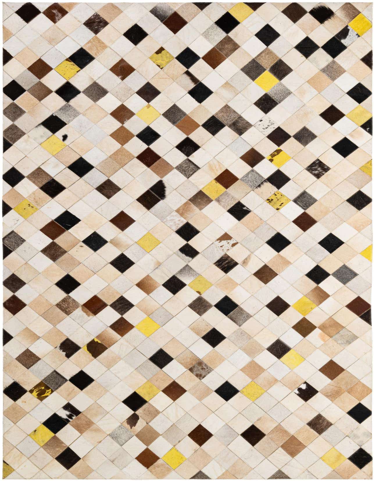A 5x8 rectangular modern cowhide rug with a patchwork diamond pattern in multi-colored shades of brown, black, cream, and yellow.