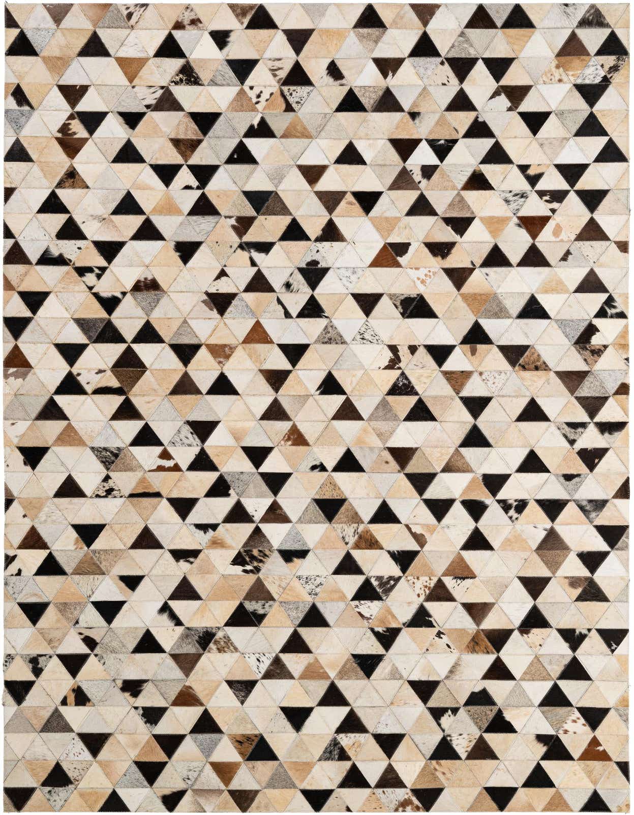 A 5x8 rectangular Cowhide Patchwork rug featuring a modern geometric pattern of multi-colored triangles in natural cowhide tones.