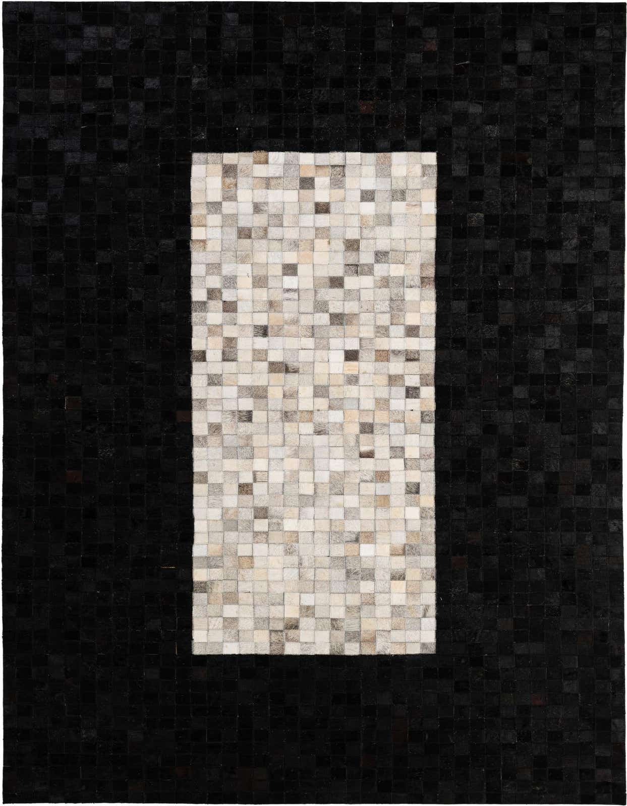 A 5x8 rectangular Cowhide rug featuring a modern patchwork design with a large multi-colored rectangle of light brown, beige, and gray squares centered on a field of dark brown to black squares.