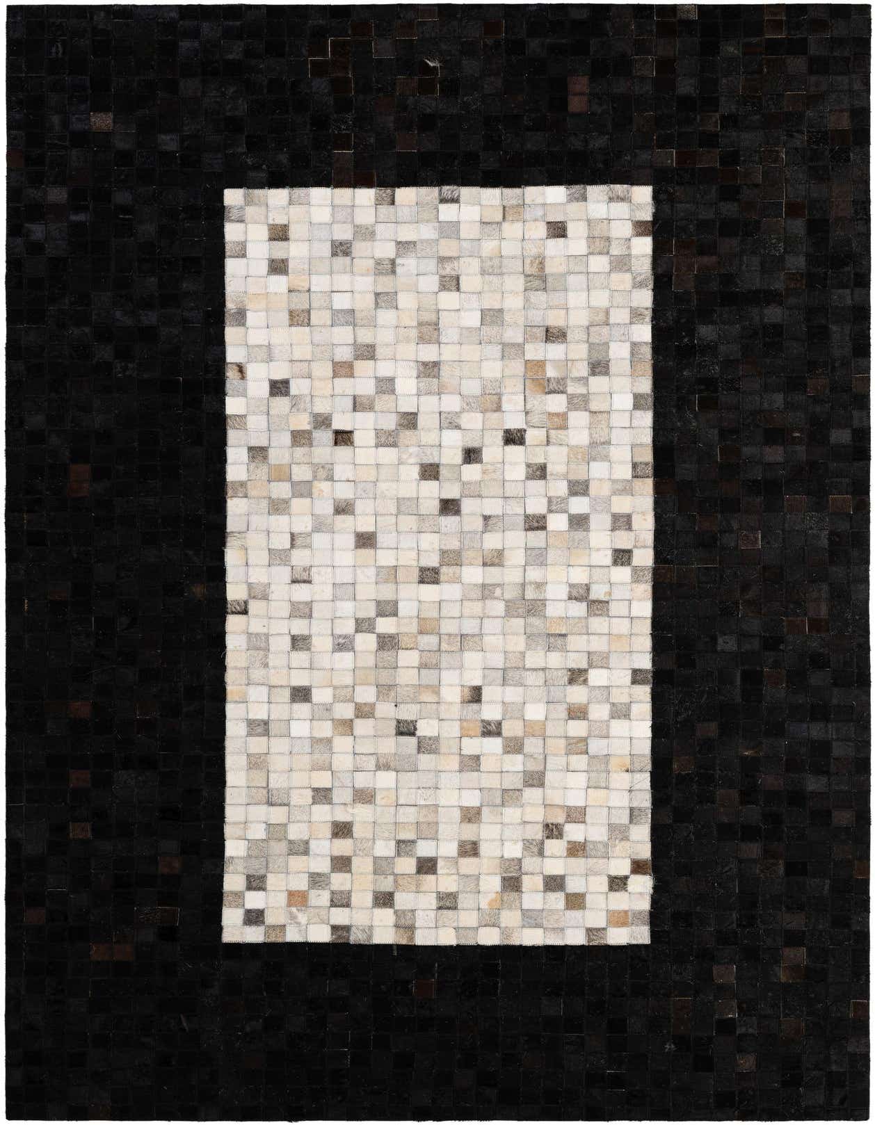 A 5x8 rectangular cowhide rug featuring a modern patchwork design with a multi-colored center and a dark border.