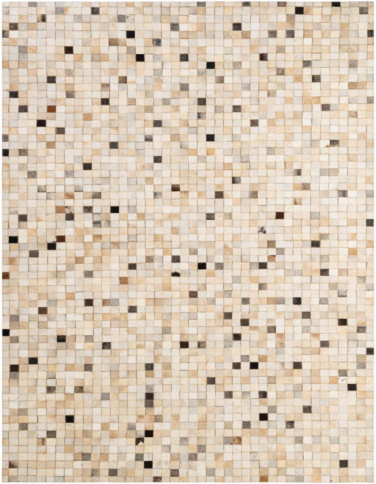 A 5x8 rectangular Cowhide Patchwork rug featuring a modern mosaic of multi-colored natural cowhide squares in various light and dark tones.
