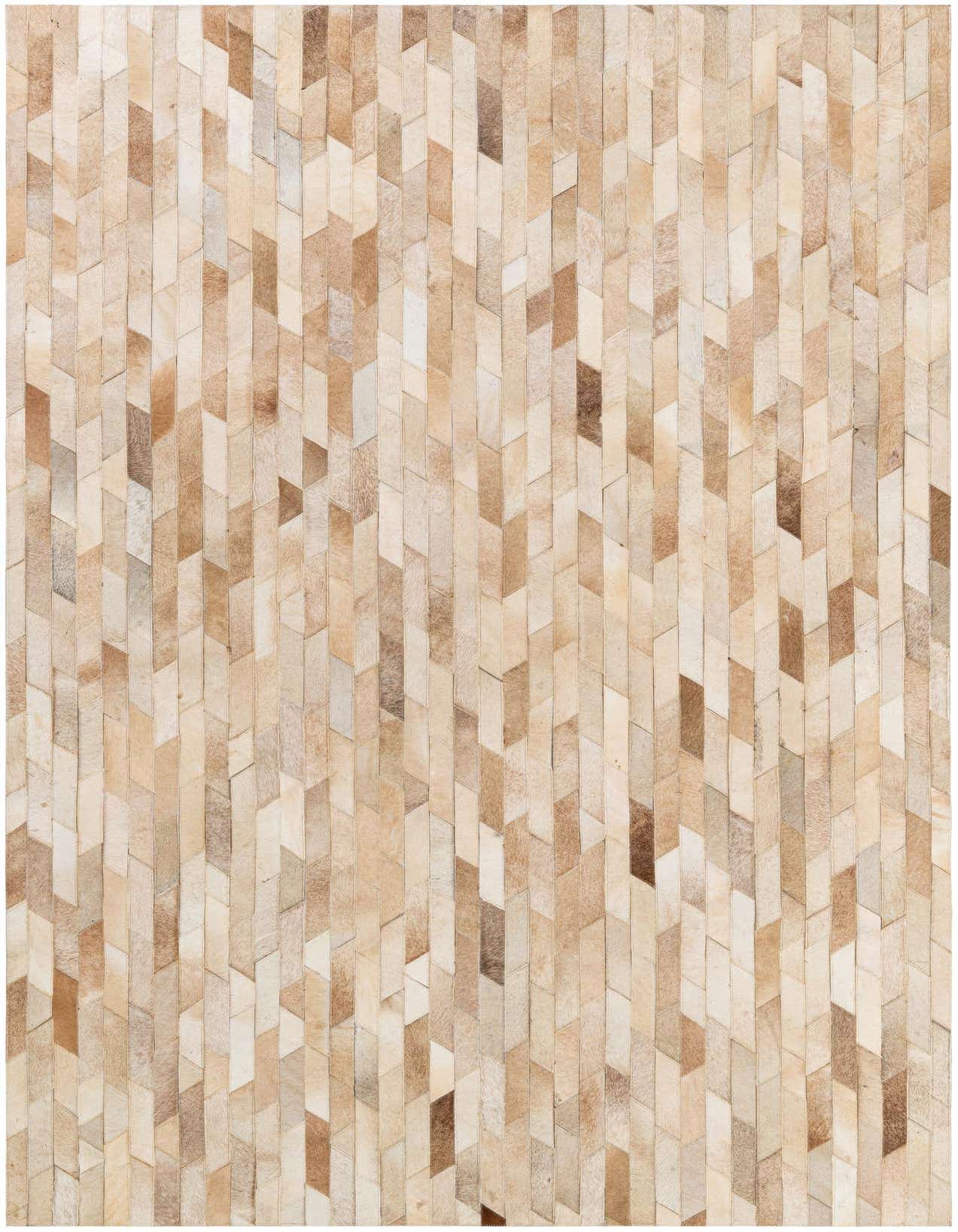 A rectangular 5x8 modern patchwork cowhide rug with multi-colored natural brown and beige stripes, perfect for a living room.