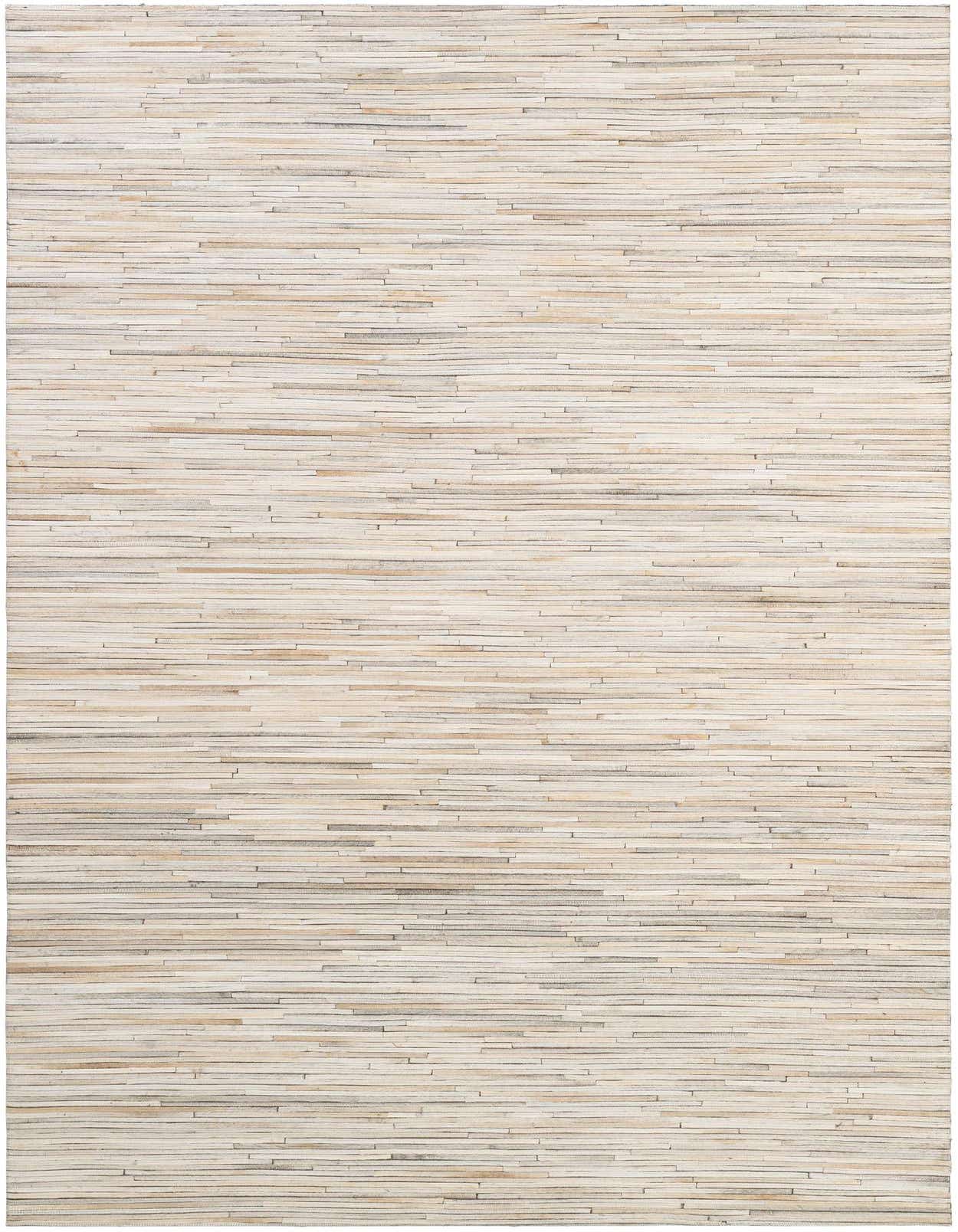 A 5x8 rectangular Cowhide Patchwork rug featuring a modern stripe pattern in multi-colored natural tones.