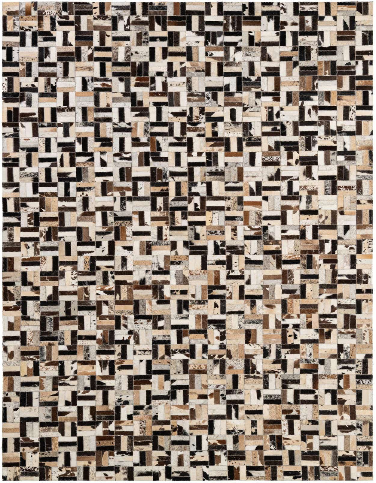 A rectangular 5x8 patchwork cowhide rug featuring a modern stripe pattern in multi-colored natural tones of brown, black, and white.