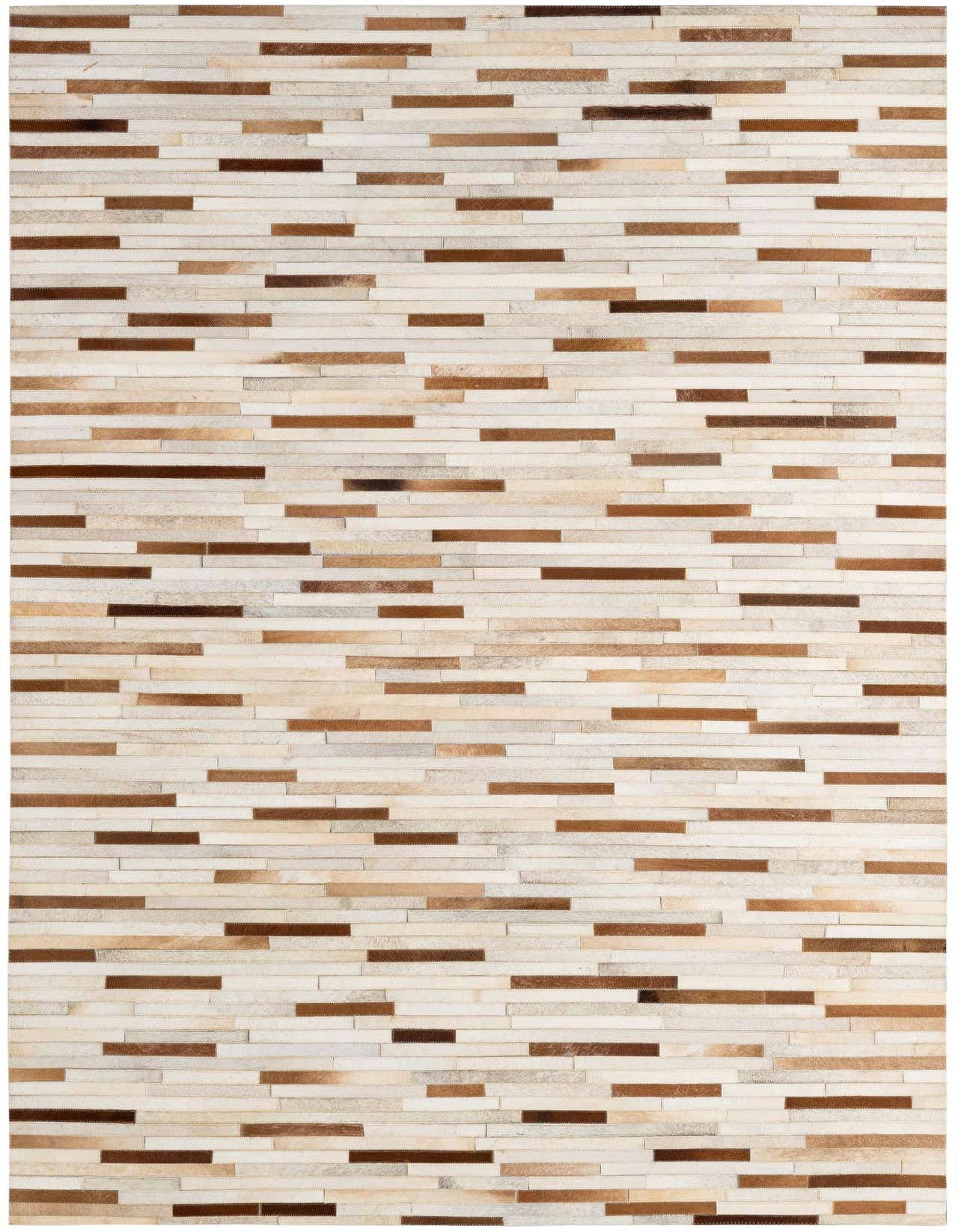 A 5x8 rectangular Cowhide Patchwork rug featuring a modern stripe pattern in multi-colored natural cowhide and leather.