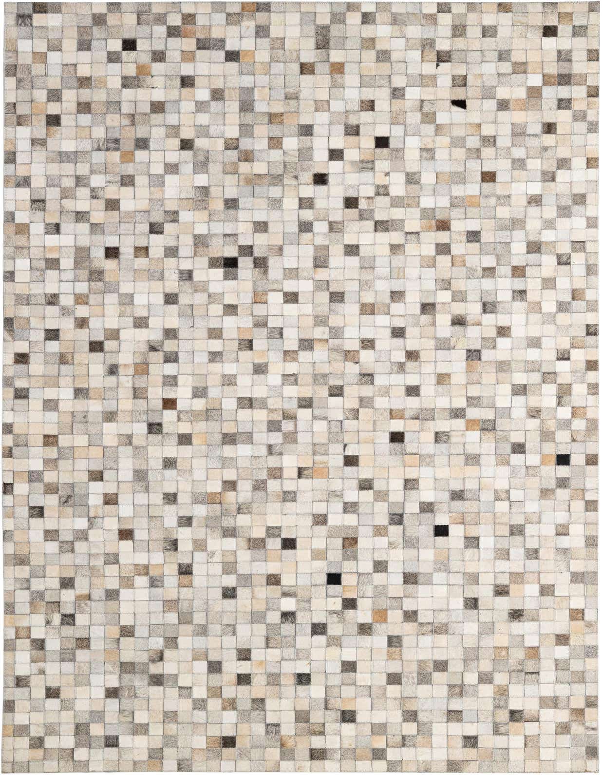 A 5x8 rectangular Cowhide Patchwork rug featuring a modern multi-colored square pattern in various natural hide tones.