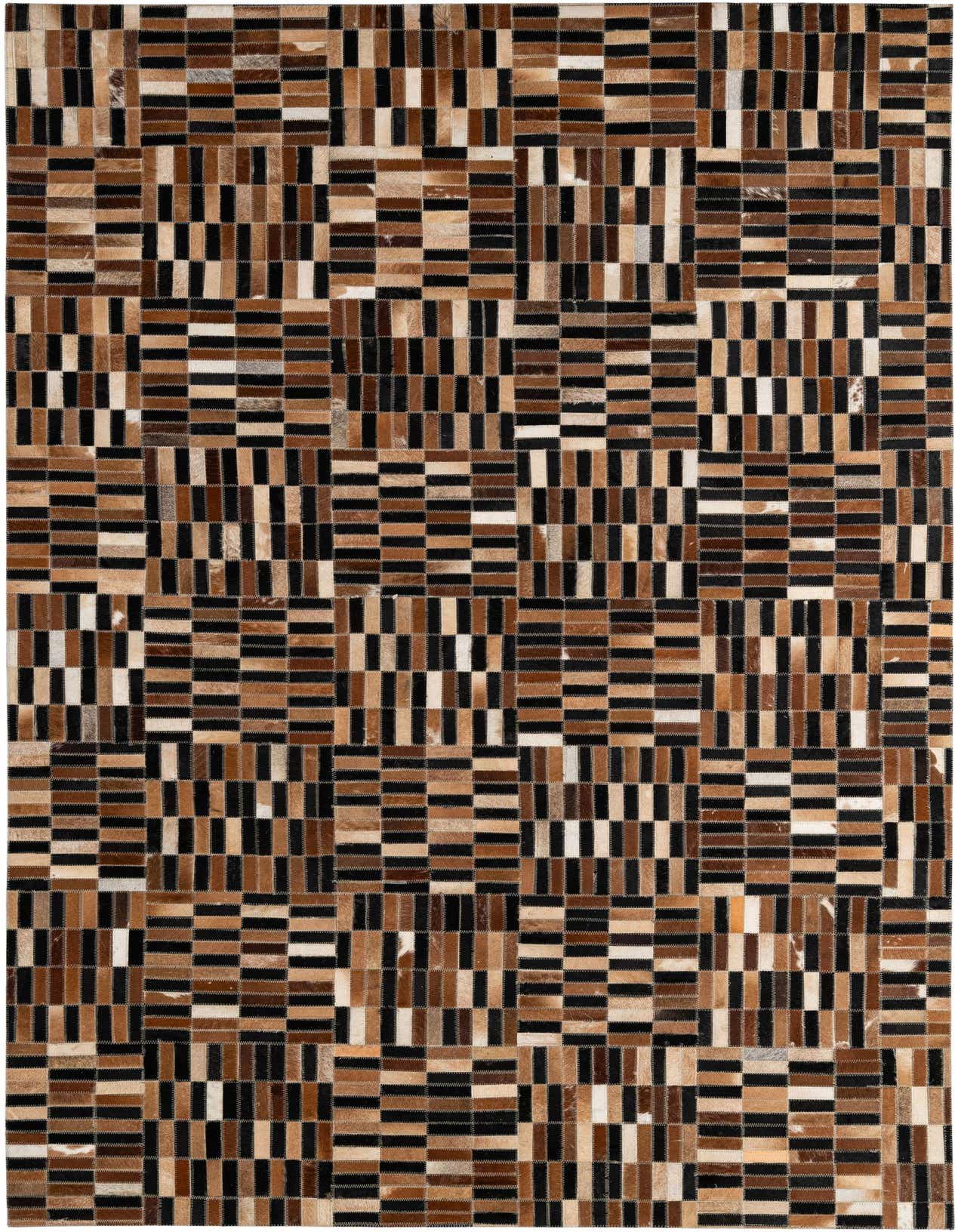 A 5x8 rectangular Cowhide Patchwork rug featuring a modern geometric pattern in multi-colored brown, black, and white tones.