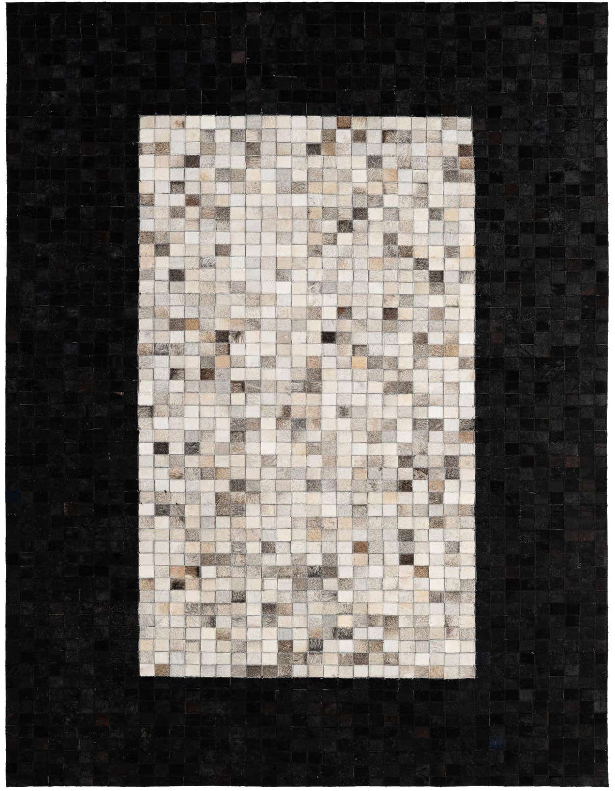 A 5x8 rectangular Cowhide Patchwork rug with a black border and a multi-colored center of small squares.