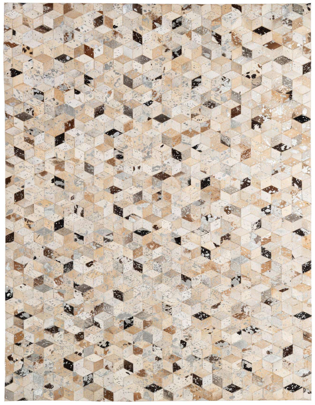 A 5x8 rectangular Cowhide Patchwork rug featuring a modern geometric cube pattern in multi-colored natural cowhide and leather.