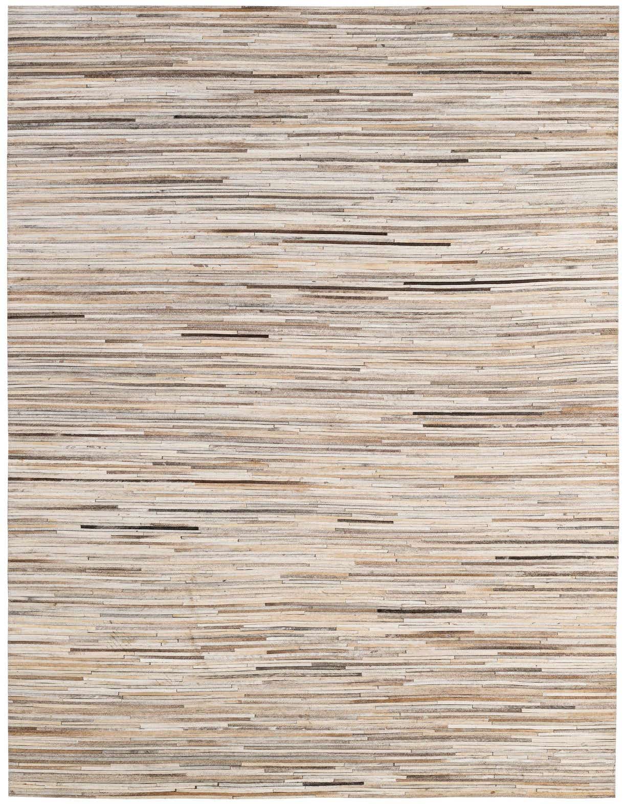 A 5x8 rectangular Cowhide - Patchwork rug featuring horizontal strips of multi-colored cowhide and leather, ideal for a modern living room.