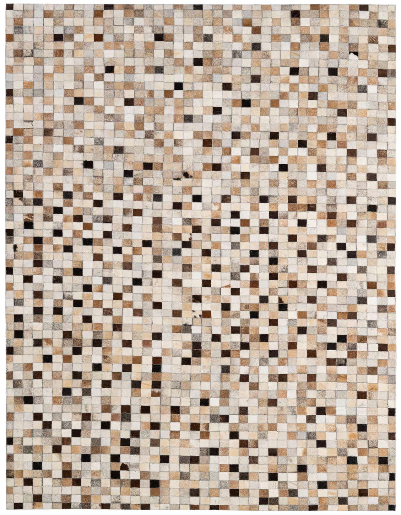 A 5x8 rectangular Cowhide Patchwork rug featuring a modern pattern of multi-colored squares in natural brown, beige, and cream tones.
