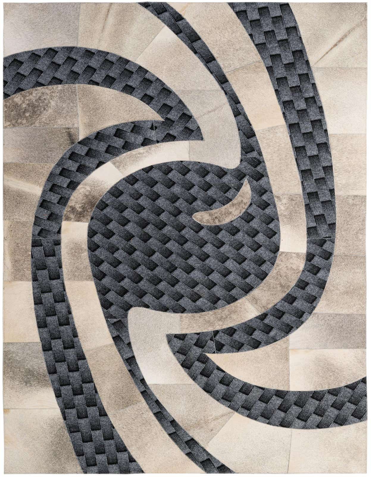 A 5x8 rectangular Cowhide & Leather rug featuring a modern, abstract design in multi-colored tones.