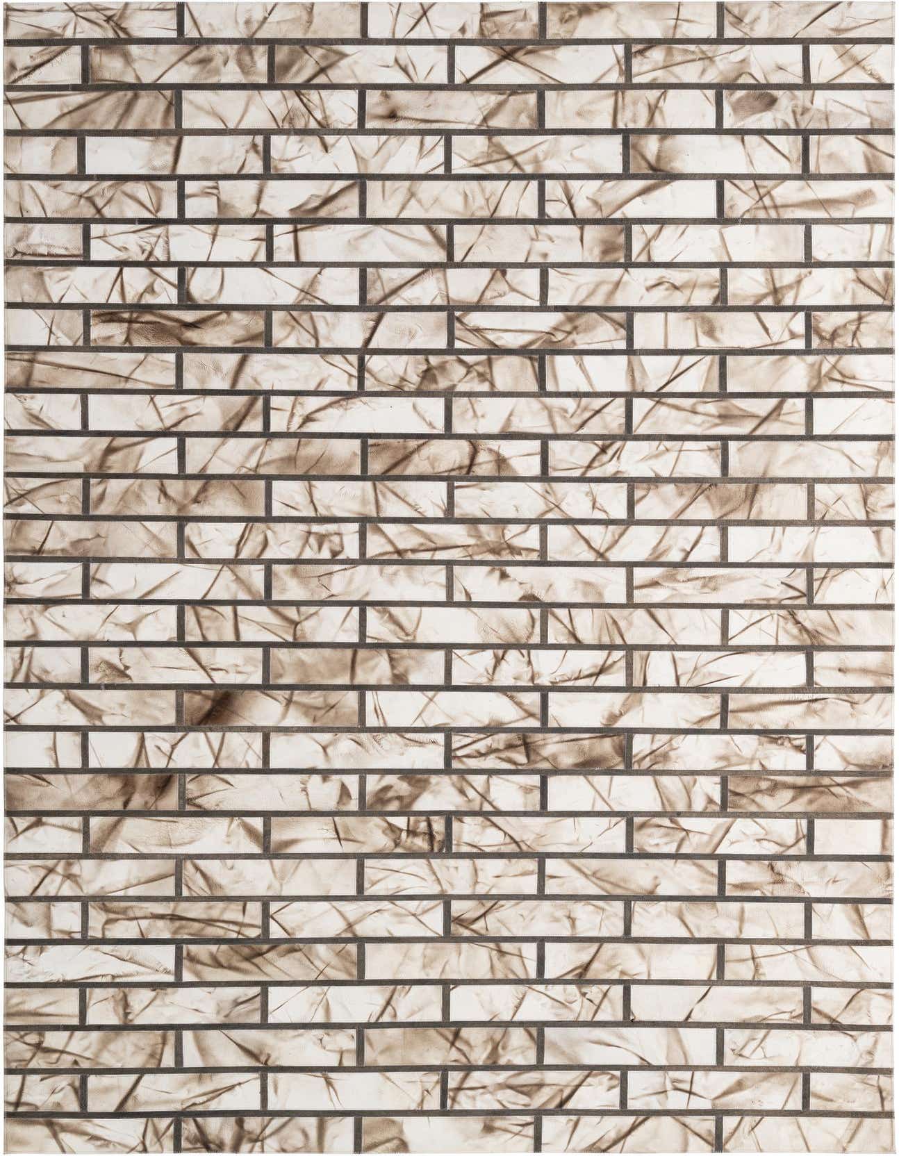 A 5x8 rectangular Cowhide - Patchwork rug featuring a modern, abstract brick-like pattern in multi-colored tones, ideal for a living room.