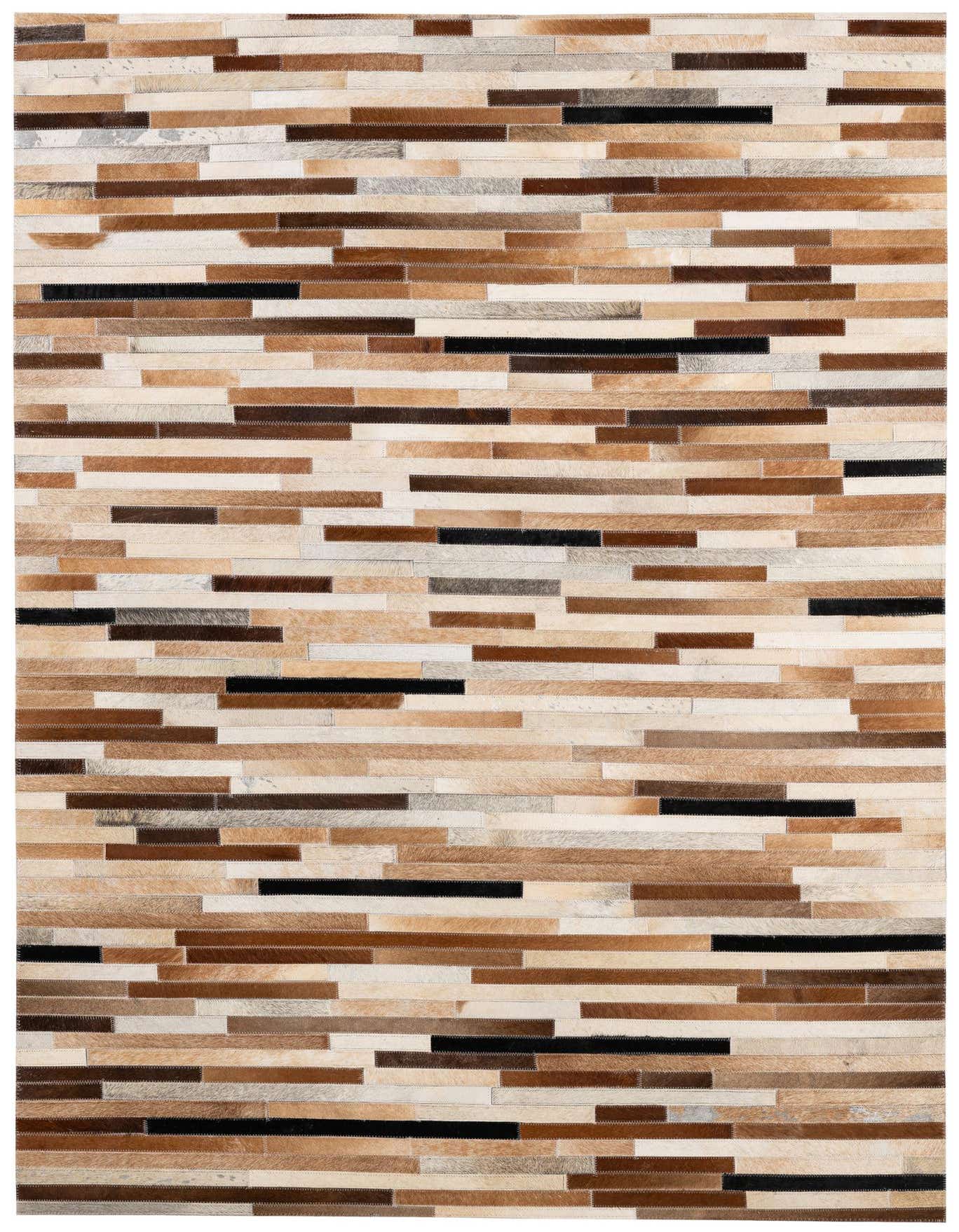 A 4x6 rectangular multi-colored cowhide rug with a modern stripe pattern, featuring various shades of brown, beige, and black.
