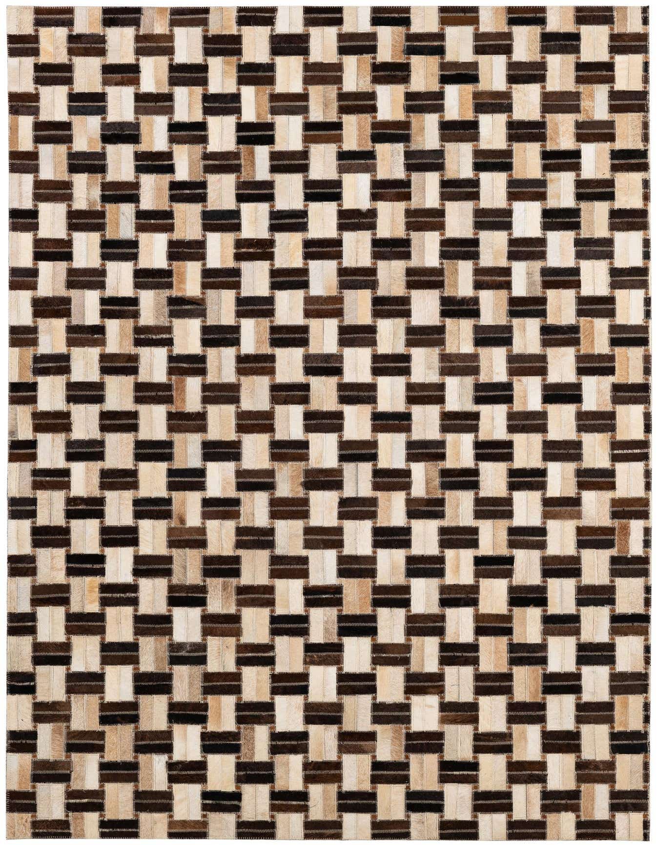 A 4x6 rectangular patchwork cowhide rug featuring a modern stripe pattern in varying shades of brown, tan, and cream.