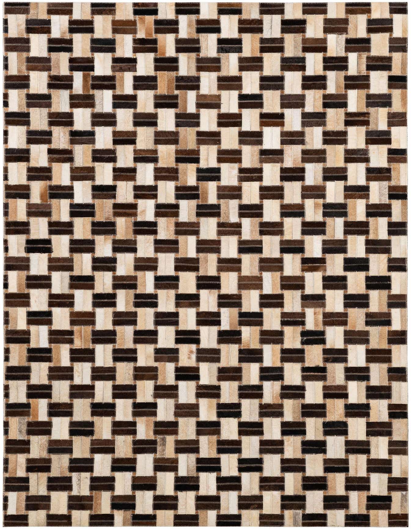 A 4x6 rectangular Cowhide Patchwork rug featuring a modern weave of multi-colored natural cowhide and leather strips in brown, black, and cream tones.