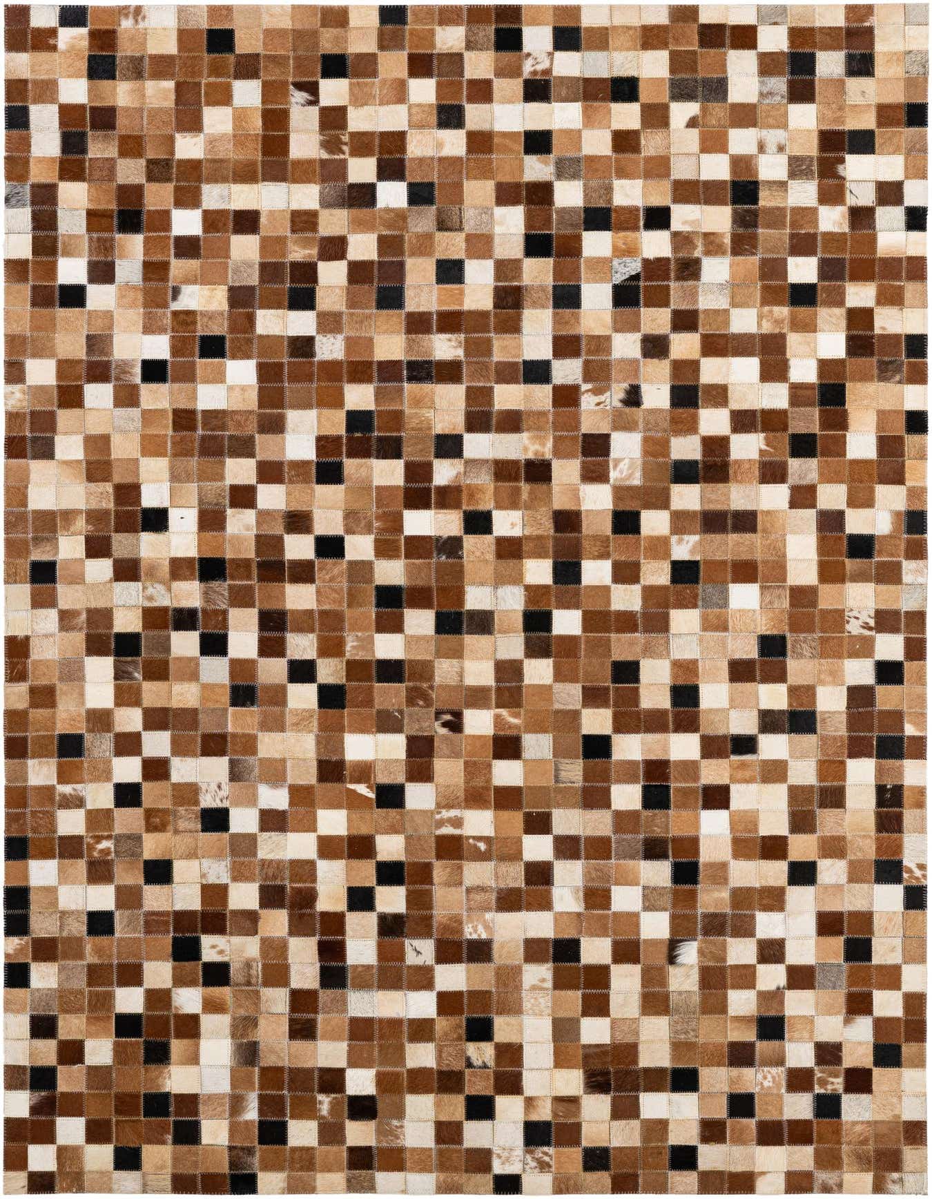 A 4x6 rectangular patchwork cowhide rug featuring a modern grid pattern in various shades of brown, black, and cream.