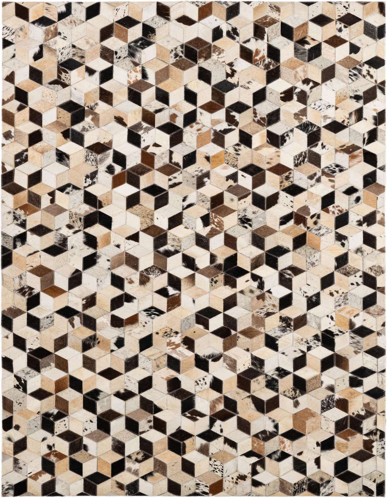A rectangular 4x6 modern cowhide patchwork rug featuring a multi-colored geometric cube pattern with shades of brown, black, and cream.