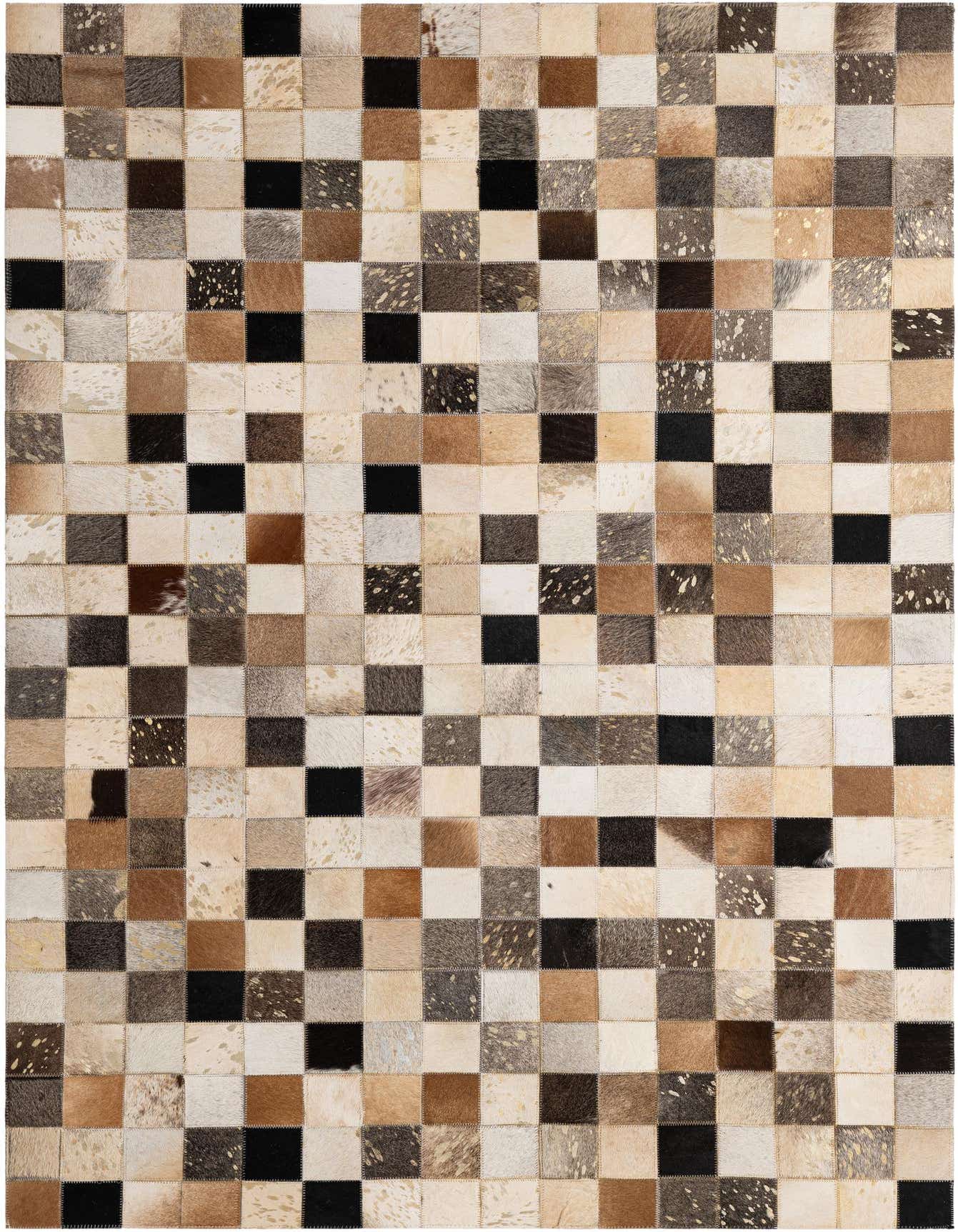 A rectangular 4x6 patchwork cowhide rug featuring a modern grid pattern of multi-colored squares in various natural brown, black, and white tones.