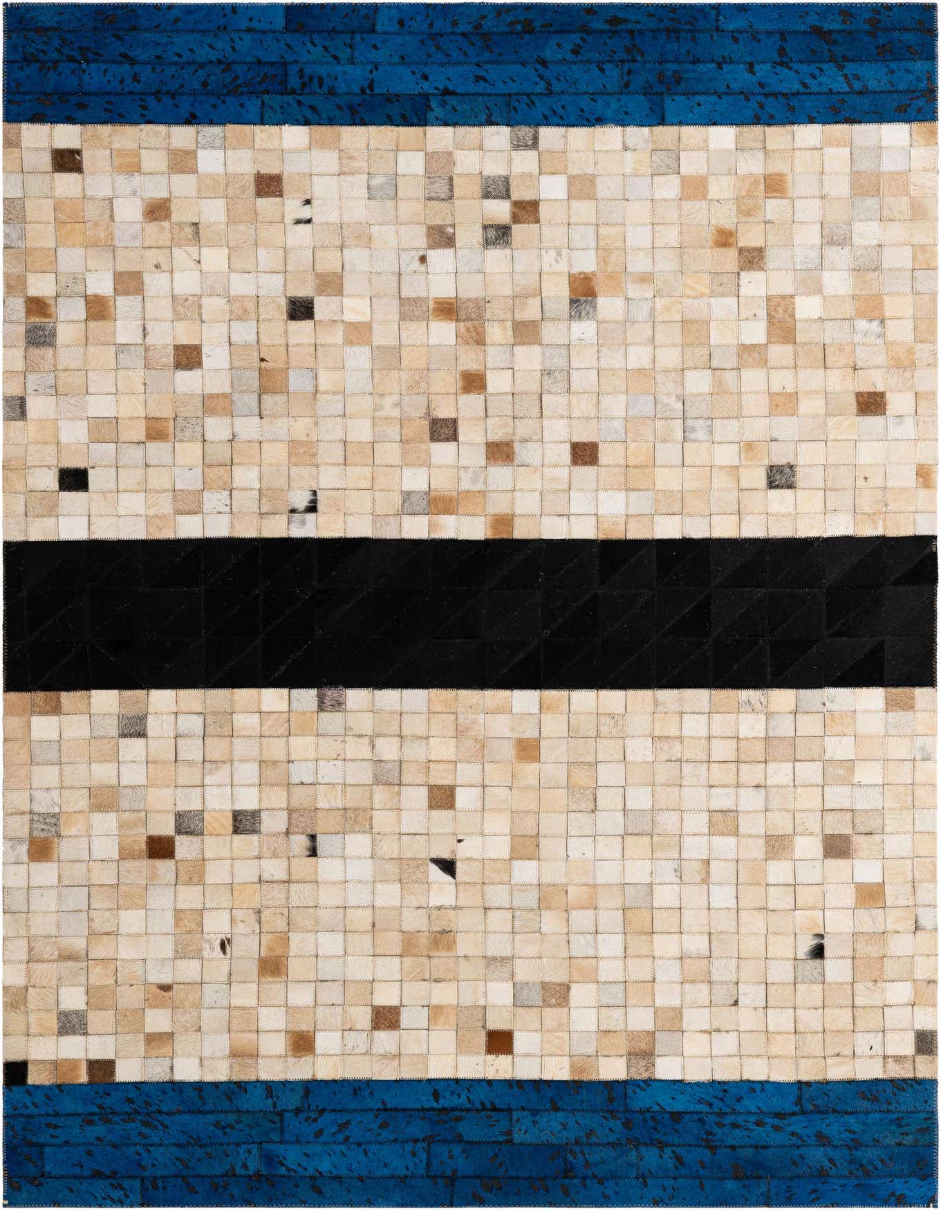 A 4x6 rectangular patchwork cowhide rug featuring a central black stripe, bordered by blue stripes, and a main field of multi-colored natural hide squares.
