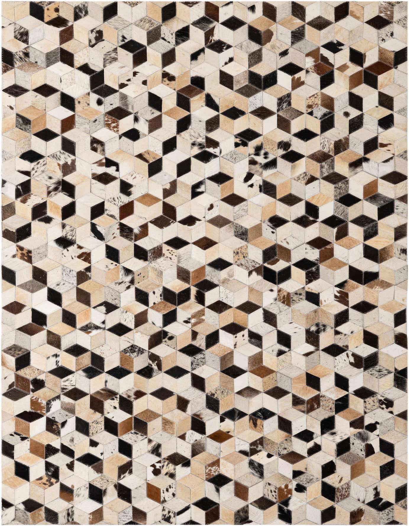A 4x6 rectangular multi-colored cowhide rug with a modern geometric cube pattern, perfect for a living room.