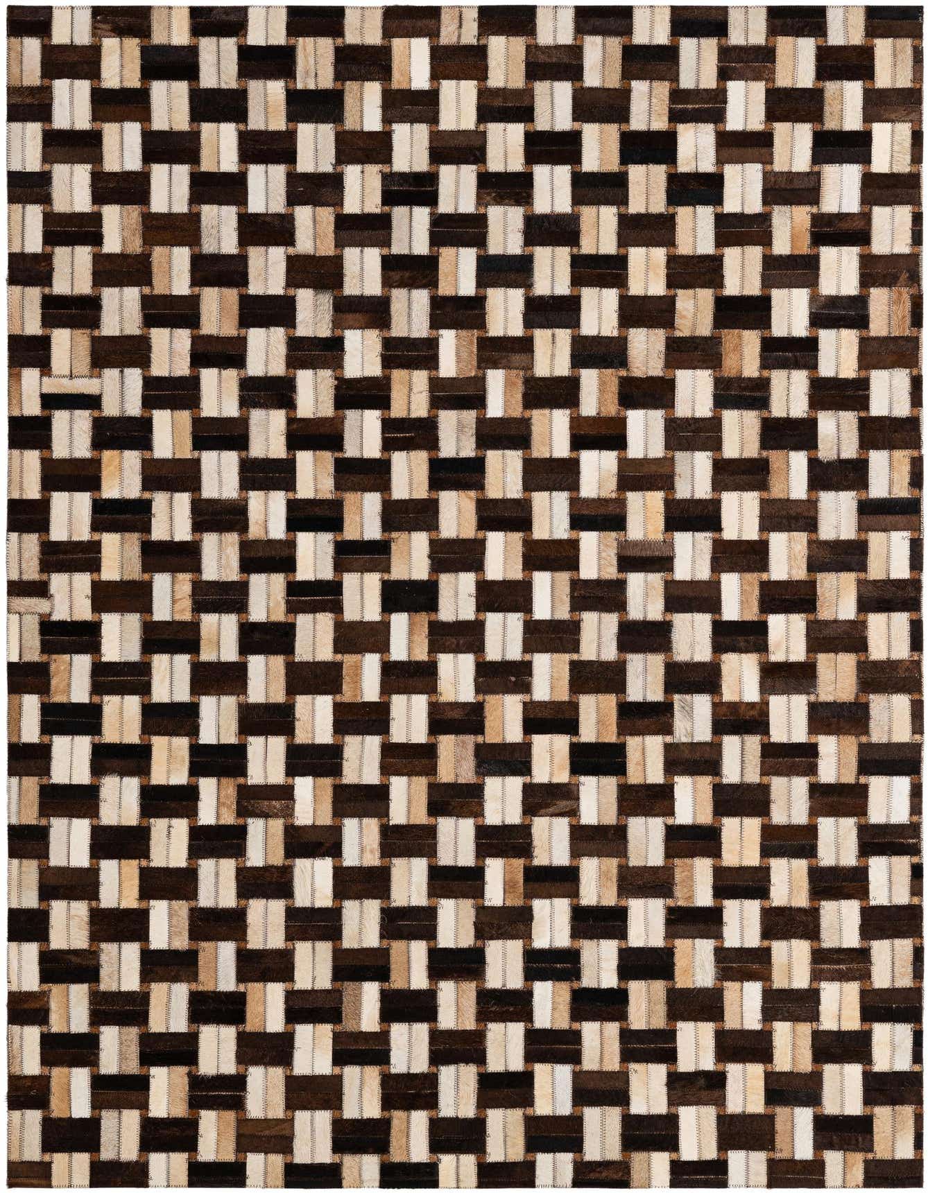 A 4x6 rectangular patchwork cowhide rug with a modern weave pattern in varying shades of brown, tan, and cream.