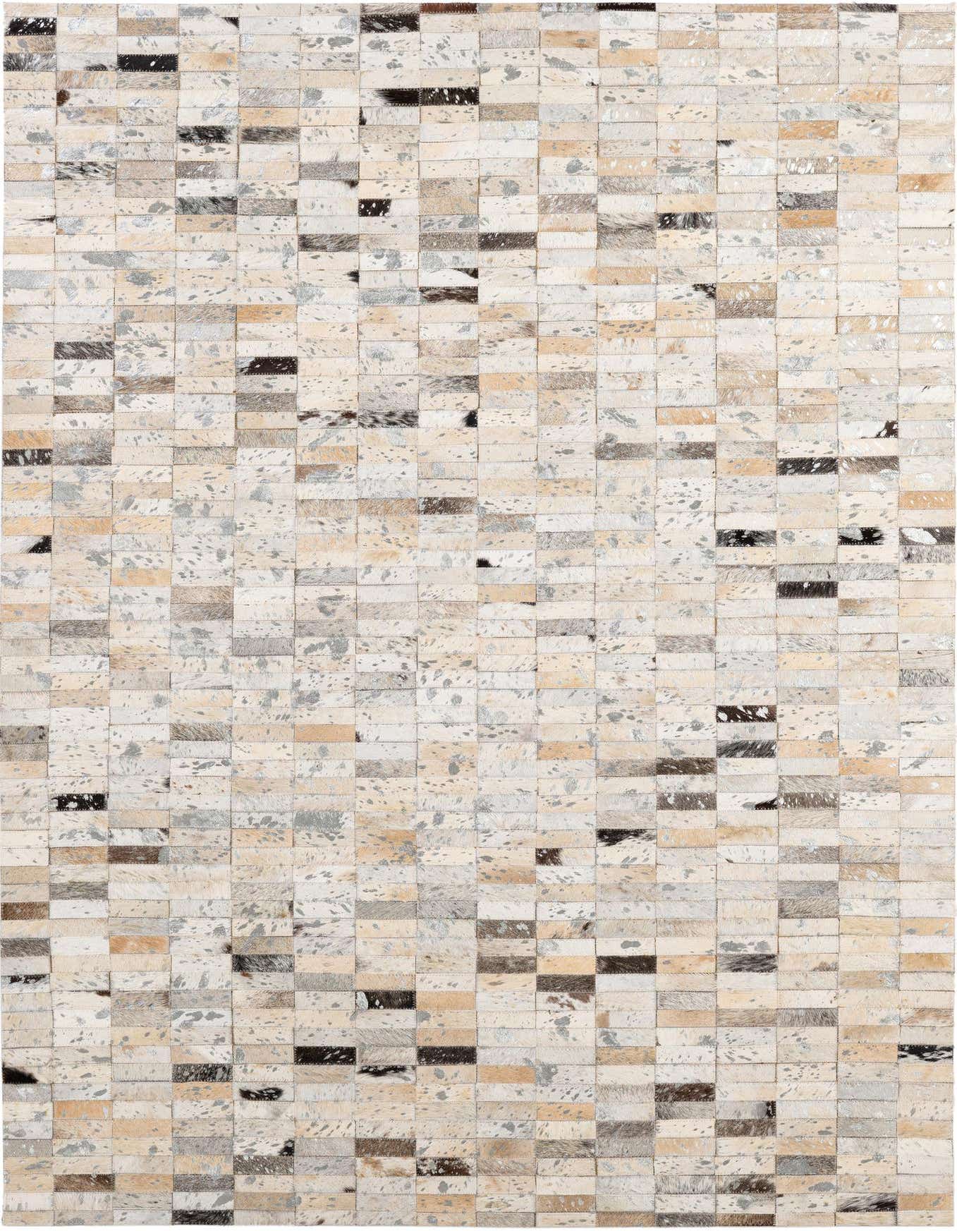 A 4x6 rectangular patchwork cowhide rug with multi-colored squares in shades of cream, beige, brown, and gray, suitable for a living room.