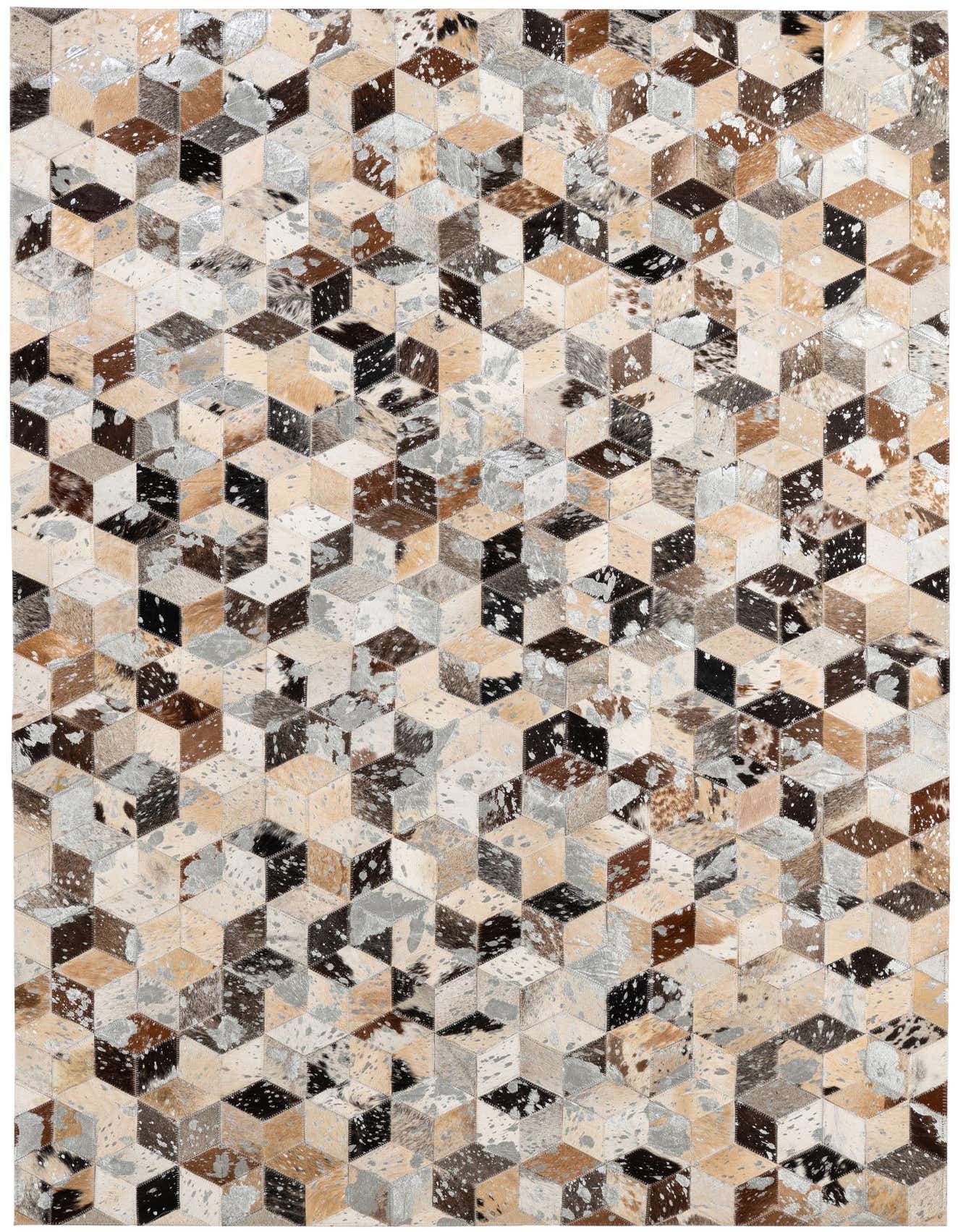 A 4x6 rectangular multi-colored cowhide rug with a modern geometric cube pattern, perfect for a living room.