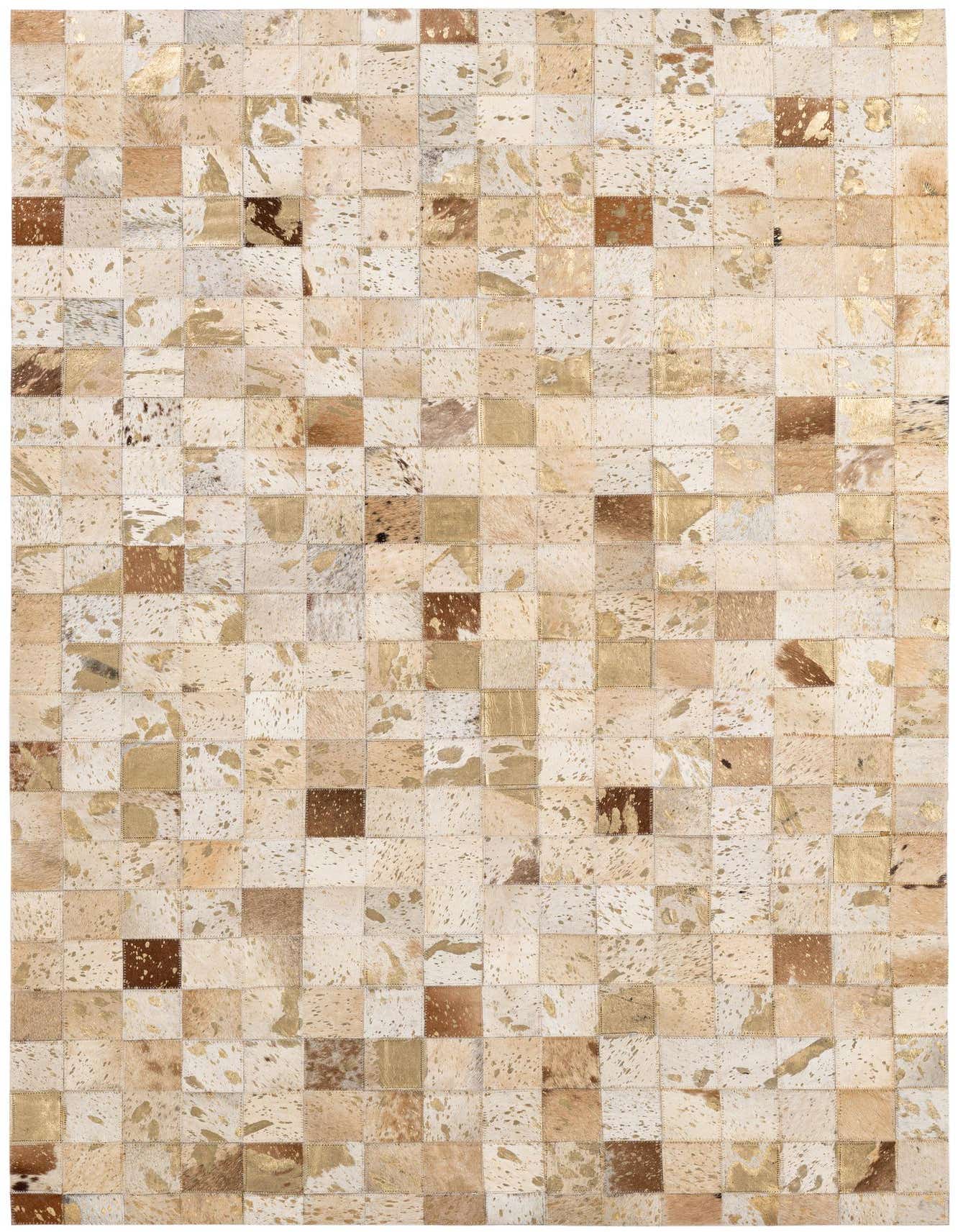 A 4x6 rectangular cowhide patchwork rug featuring squares of natural hide in shades of white, beige, brown, and metallic gold.